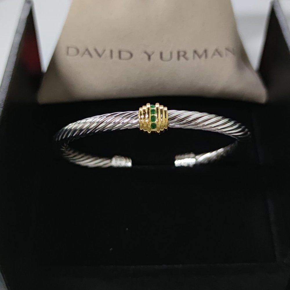 Small green diamond sterling silver open bracelet